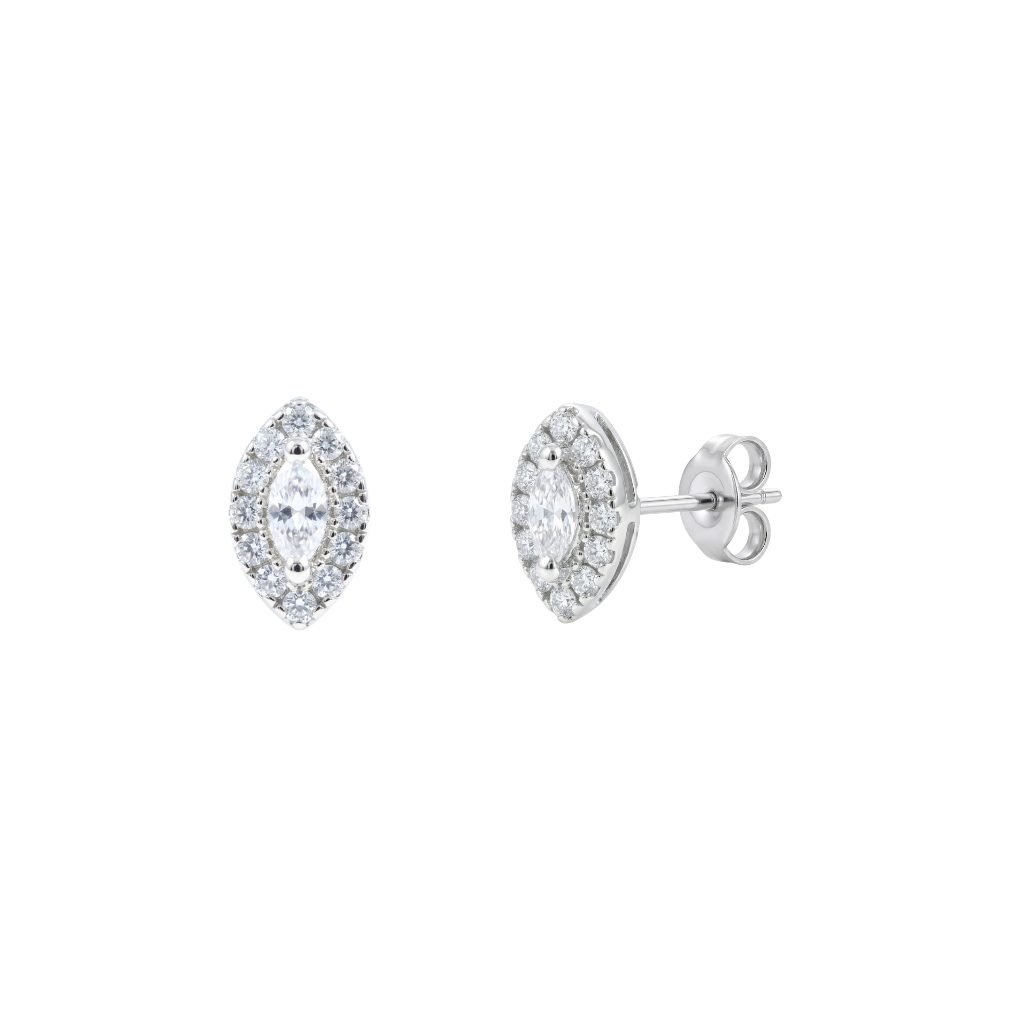 925 Sterling Silver Rhodium Plated Marquise Halo Stud Earrings