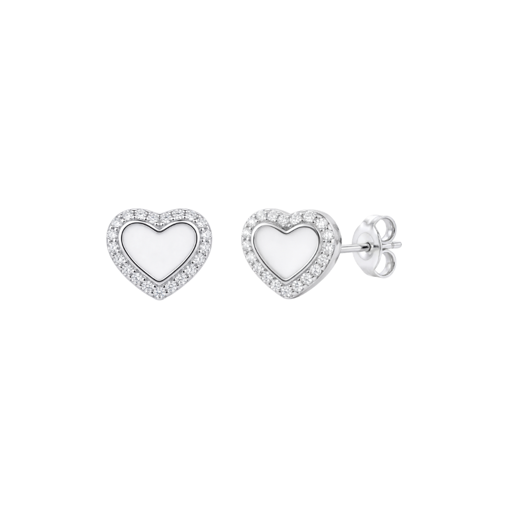 925 Sterling Silver Rhodium Plated White Heart Halo Studs
