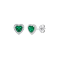 925 Sterling Silver Rhodium Plated Emerald Green Heart Halo Studs