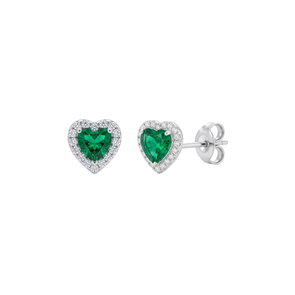 925 Sterling Silver Rhodium Plated Emerald Green Heart Halo Studs