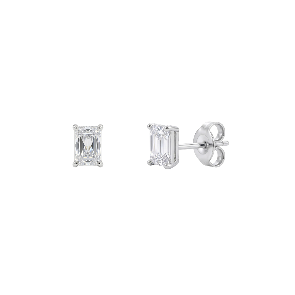 925 Sterling Silver Rhodium Plated Emerald-Cut Solitaire Stud Earrings