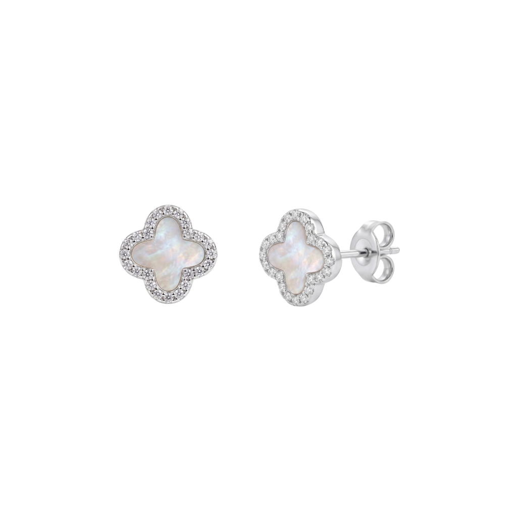 925 Sterling Silver Rhodium Plated Iridescent Clover Stud Earrings