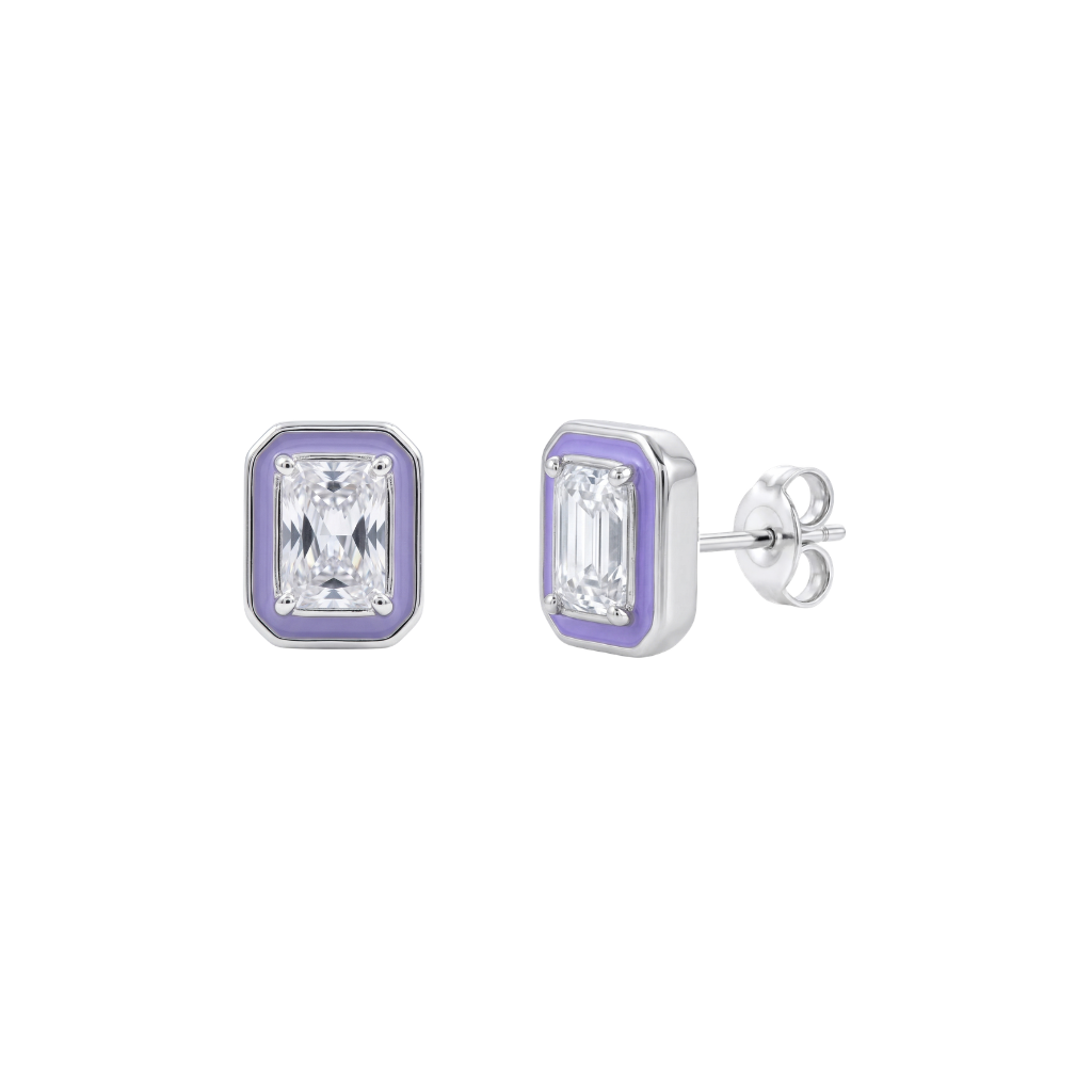925 Sterling Silver Rhodium Plated Lavender Enamel Emerald-Cut Studs