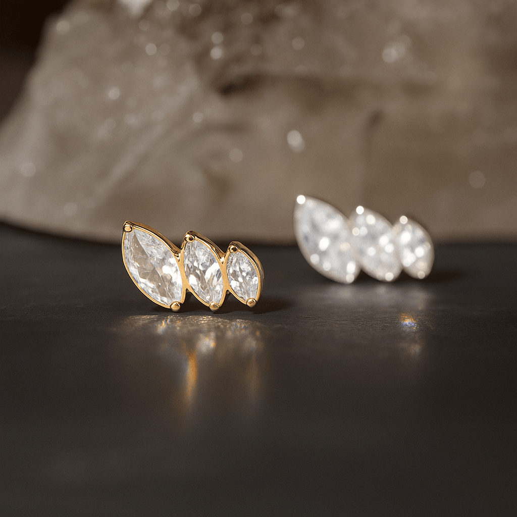 G23 Titanium Triple Marquise CZ Jewelled Internally Threaded Flatback Stud