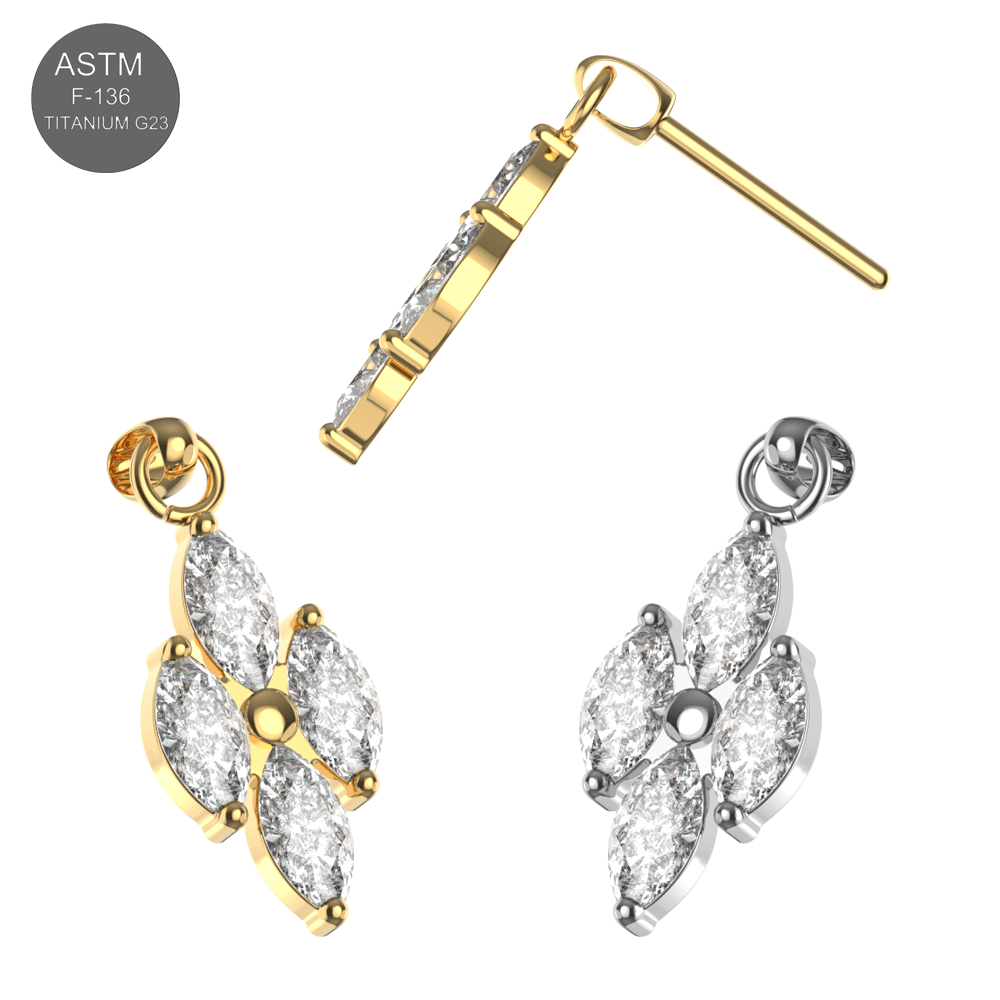 G23 Titanium 4 CZ Marquise Jewelled Hanging Threadless Pin Top