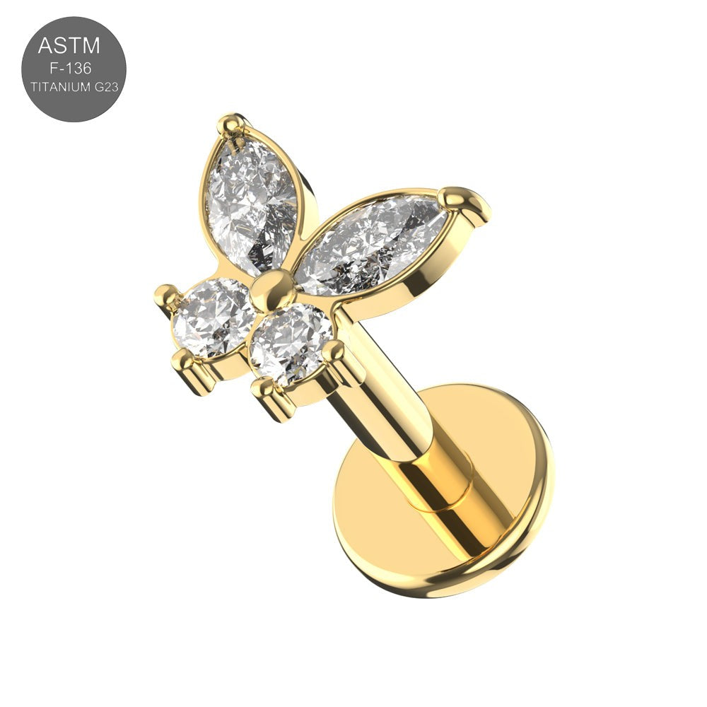 G23 Titanium Butterfly CZ Top With Internal Thread Base Labret
