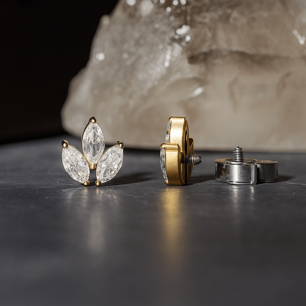 G23 Titanium Marquise CZ Jewelled Leaf Set Internally Threaded Flatback Stud