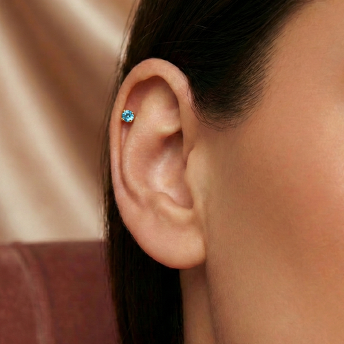 14K Gold Claw-Set Blue Topaz Natural Stone Internal Thread Flatback Stud