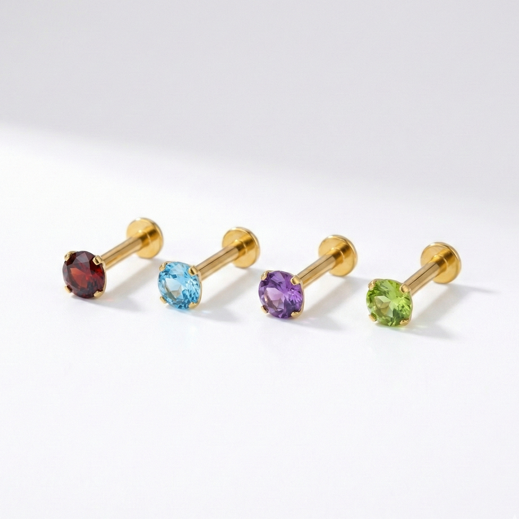 14K Gold Claw-Set Blue Topaz Natural Stone Threadless Flatback Pair