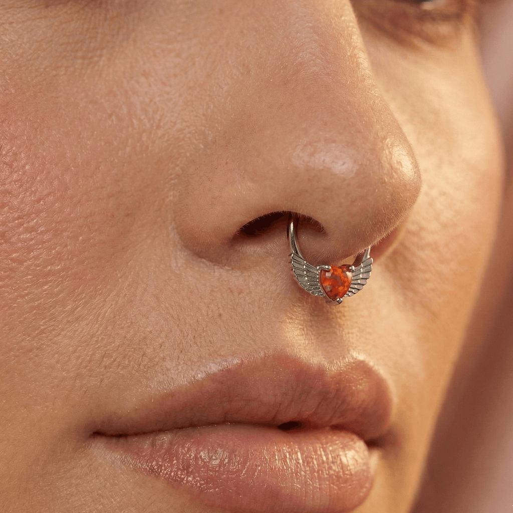 316L Surgical Steel Synthetic Red Opal Heart Septum Clicker Ring
