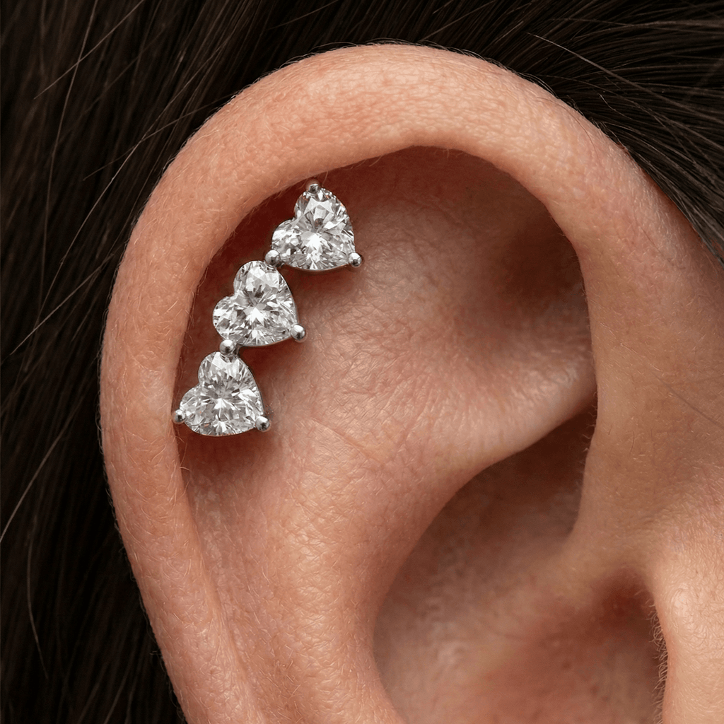 G23 Titanium CZ Jewelled Tri-Heart Design Threadless Flatback Stud
