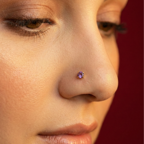 14K Gold Claw-Set Amethyst Natural Stone L-Bend Nose Stud