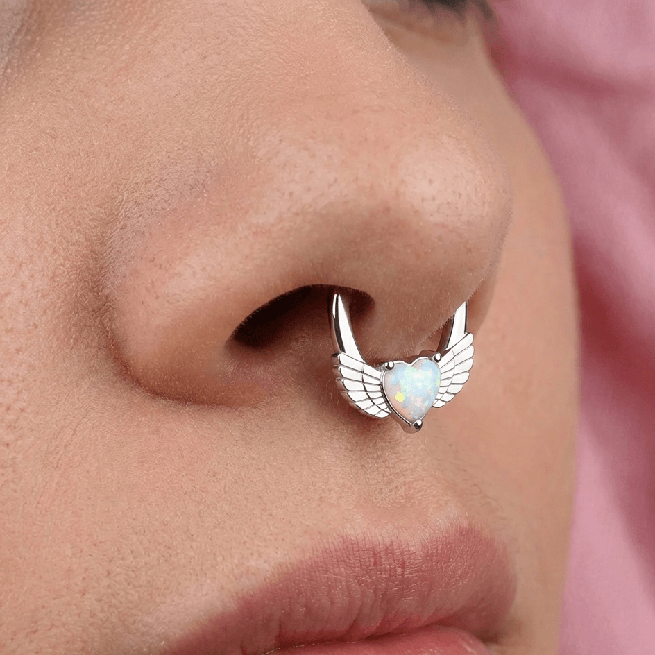 316L Surgical Steel Synthetic White Opal Heart Septum Clicker Ring