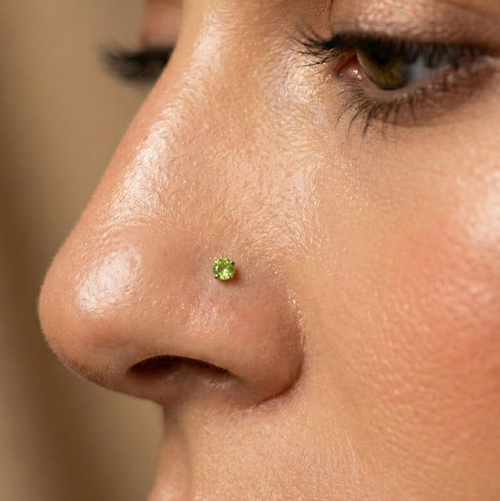 14K Gold Claw-Set Peridot Green Natural Stone Nose Stud