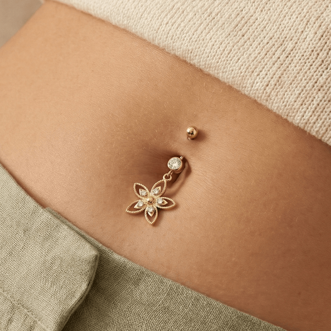 14K Gold CZ Jewelled Flower Design Dangling Belly Ring