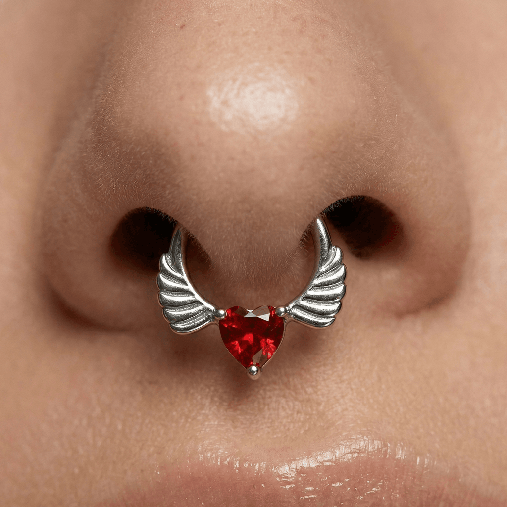 316L Surgical Steel Angel Wings with Red Heart CZ Septum Clicker