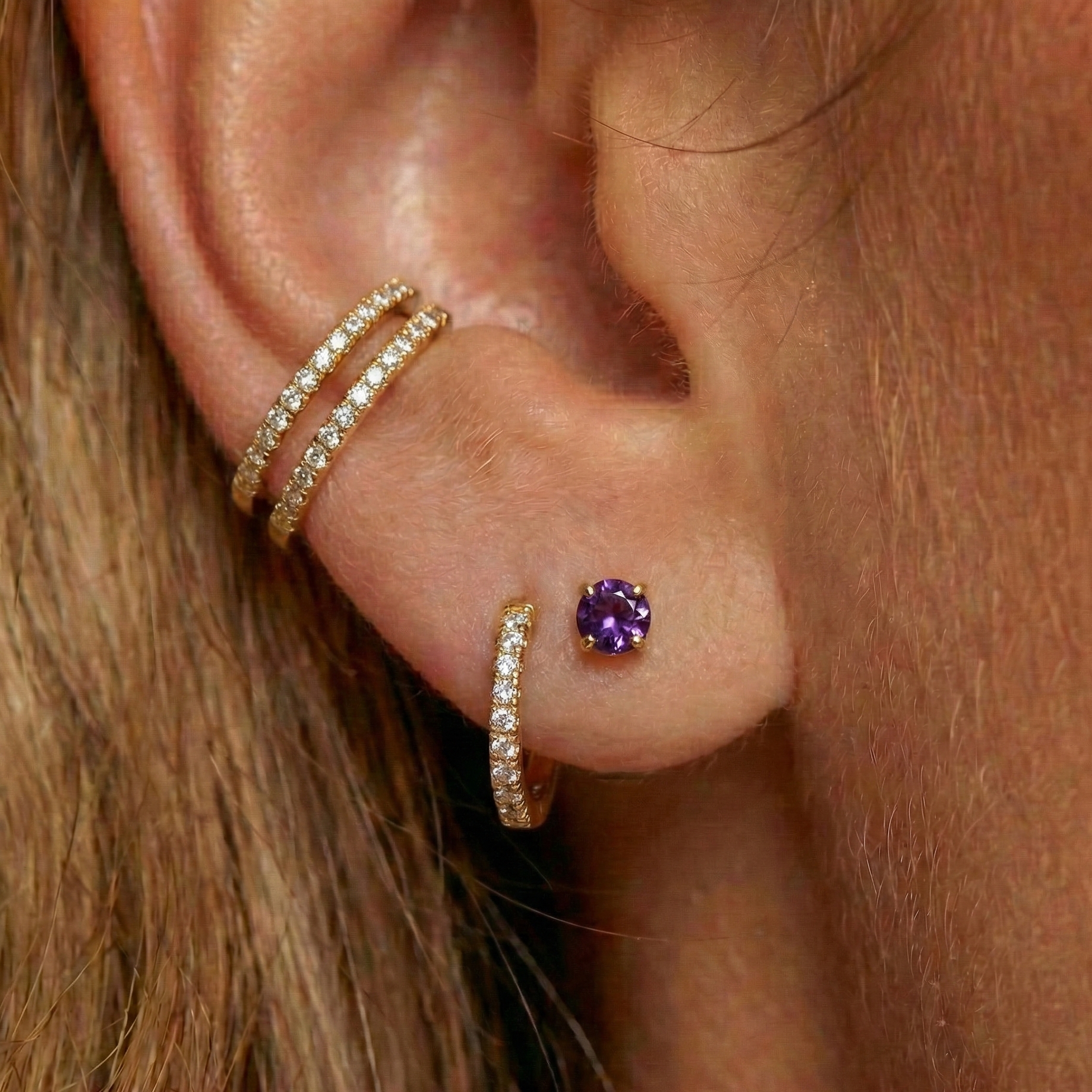 14K Gold Claw-Set Amethyst Natural Stone Threadless Flatback Stud