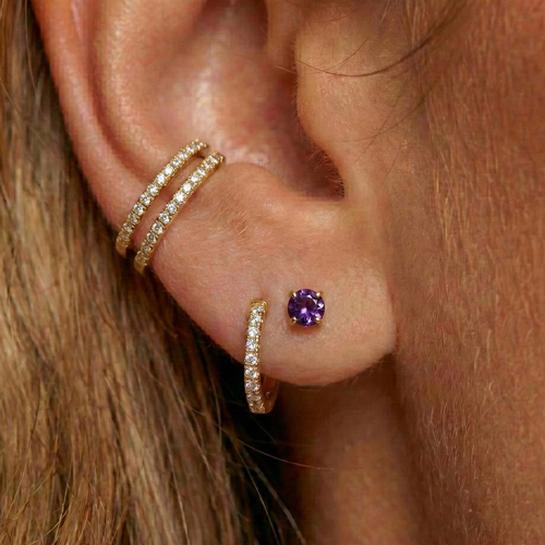 14K Gold Claw-Set Amethyst Natural Stone Threadless Flatback Stud