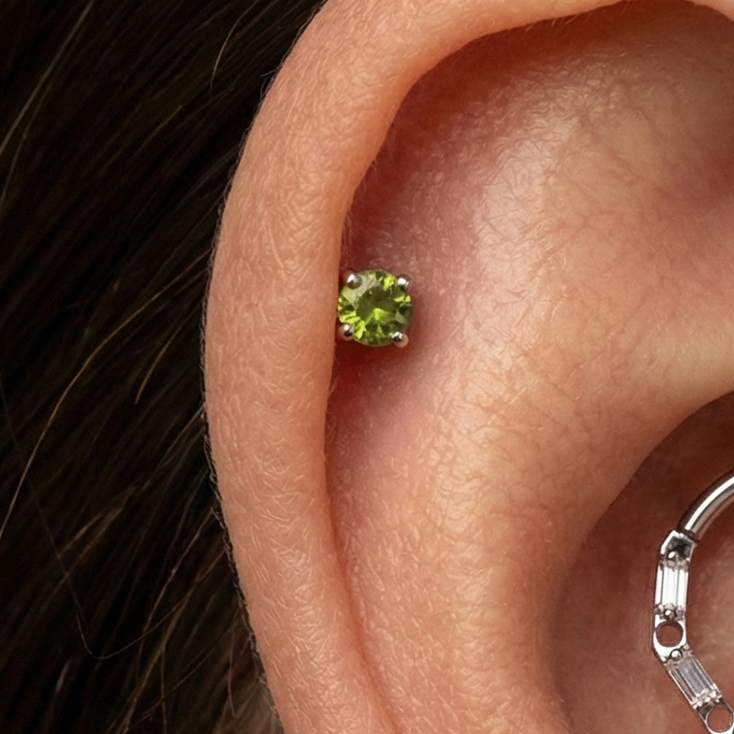 14K Gold Claw-Set Peridot Green Natural Stone Threadless Flatback Stud