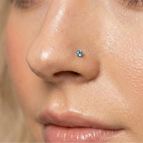 14K Gold Claw-Set Blue Topaz Natural Stone L-Bend Nose Stud