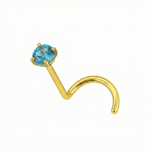 14K Gold Claw-Set Blue Topaz Natural Stone Nose Screw Stud