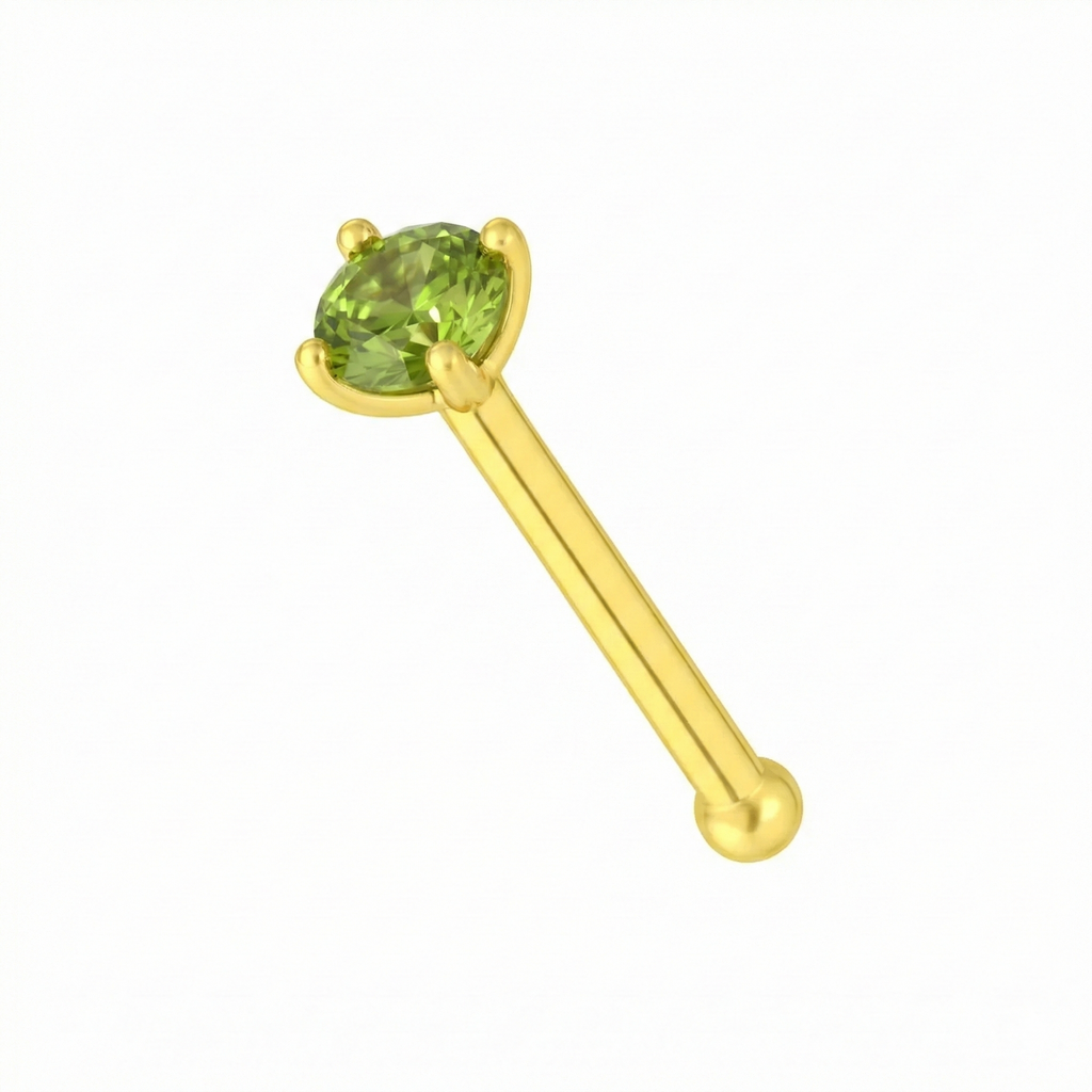 14K Gold Claw-Set Peridot Green Natural Stone Nose Stud