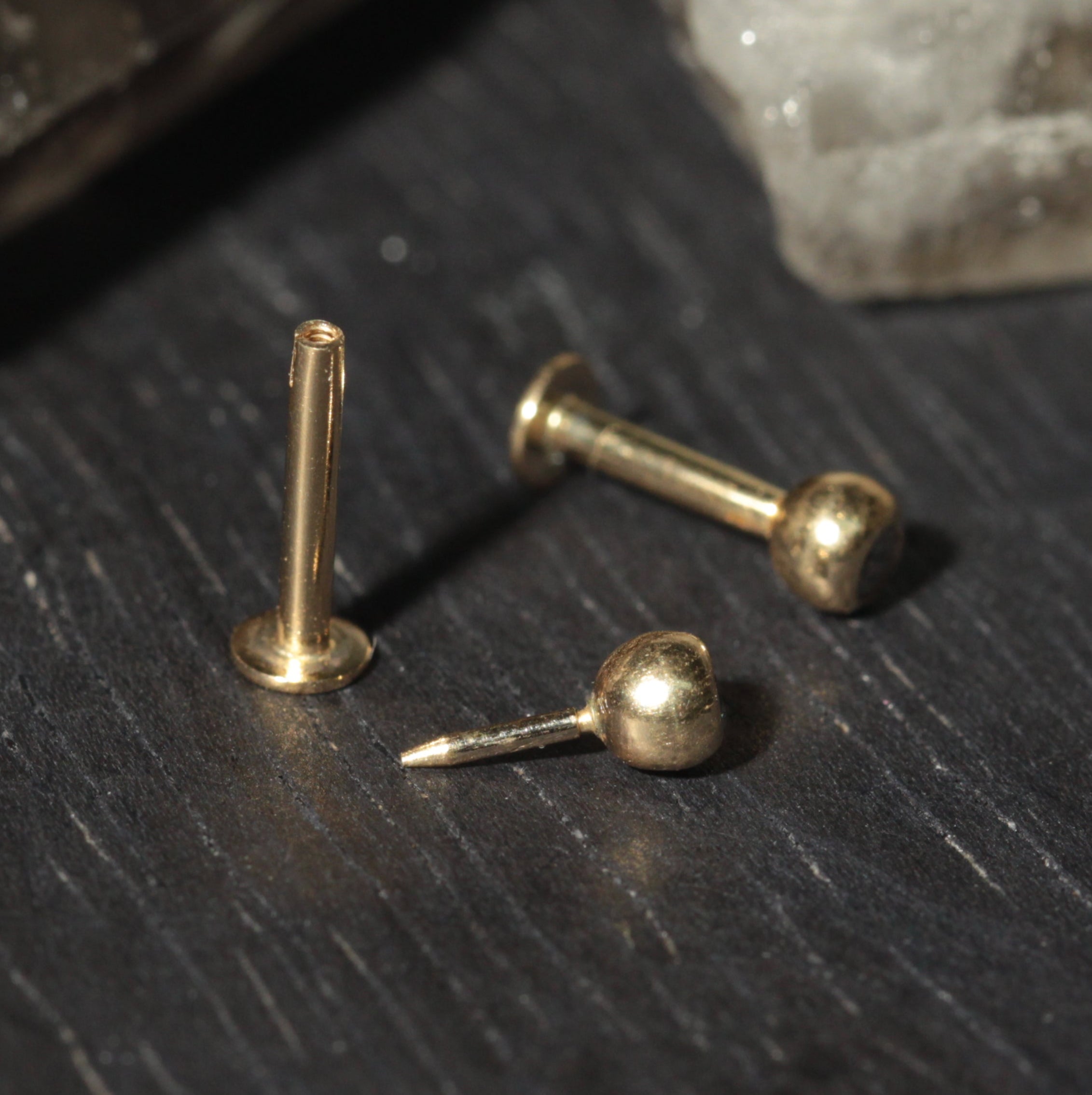 14K Gold Round CZ Jewelled Push-Fit Labret with Flatback Stud