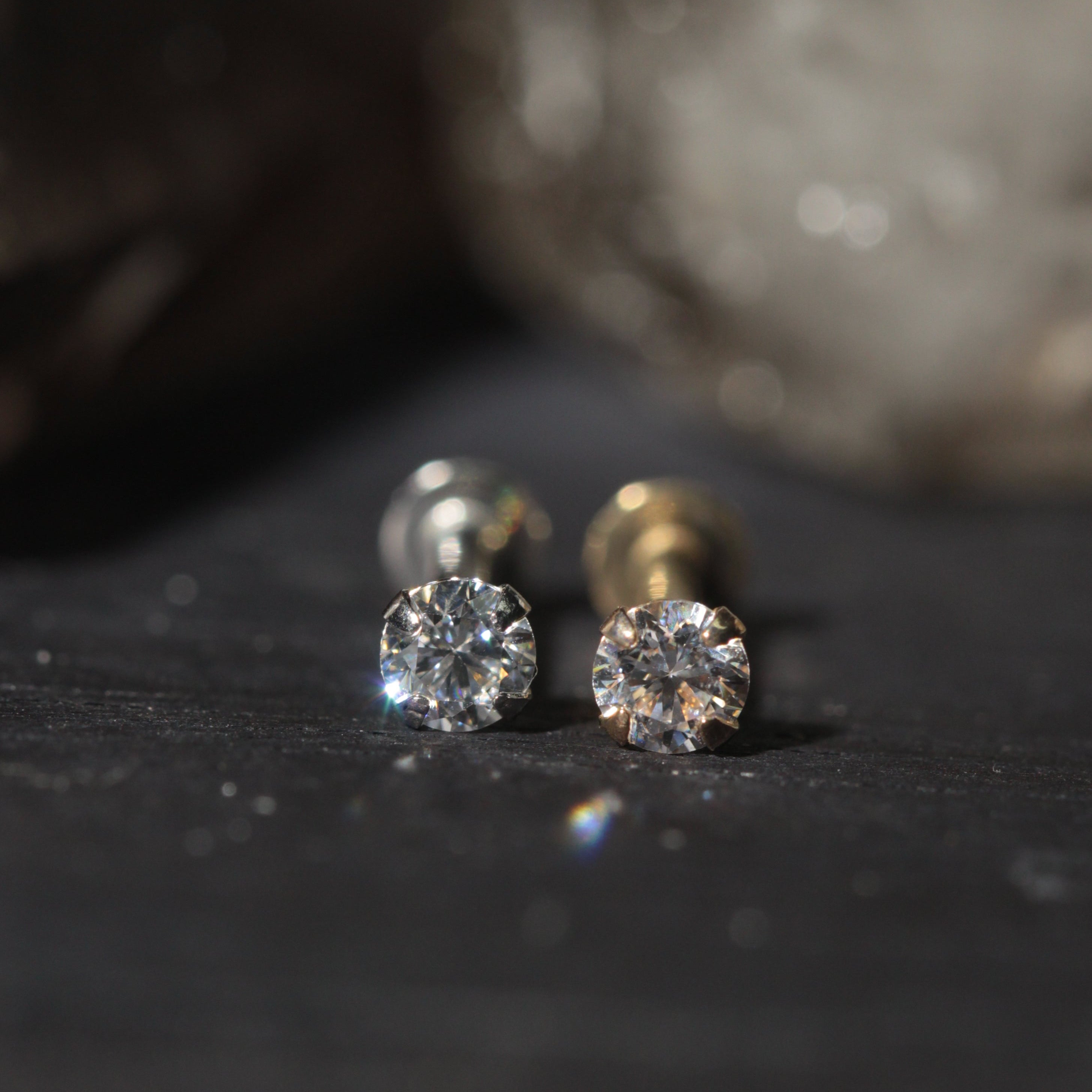 14K Gold Lip Labret with Round Cubic Zirconia Push Fit Top