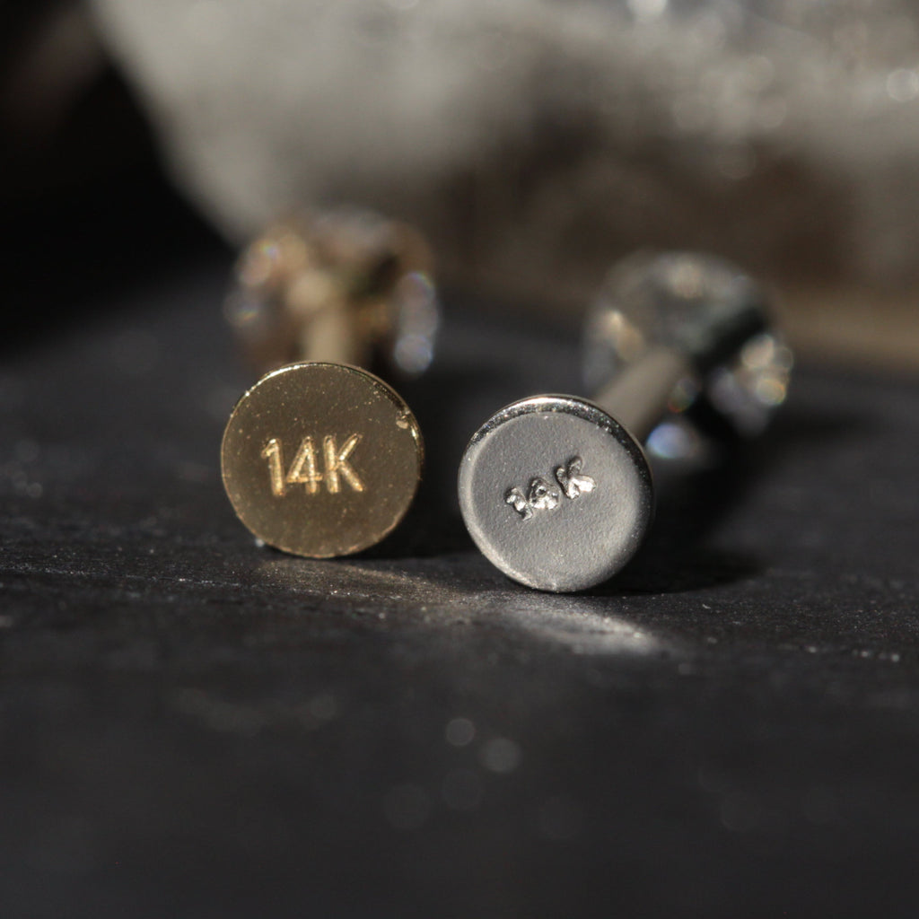 14K Gold Lip Labret with Round Cubic Zirconia Push Fit Top
