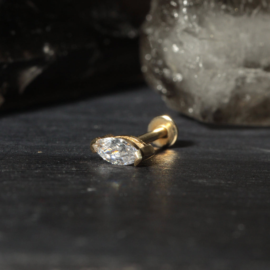 14K Gold Internal Threaded Marquise CZ Flatback Stud