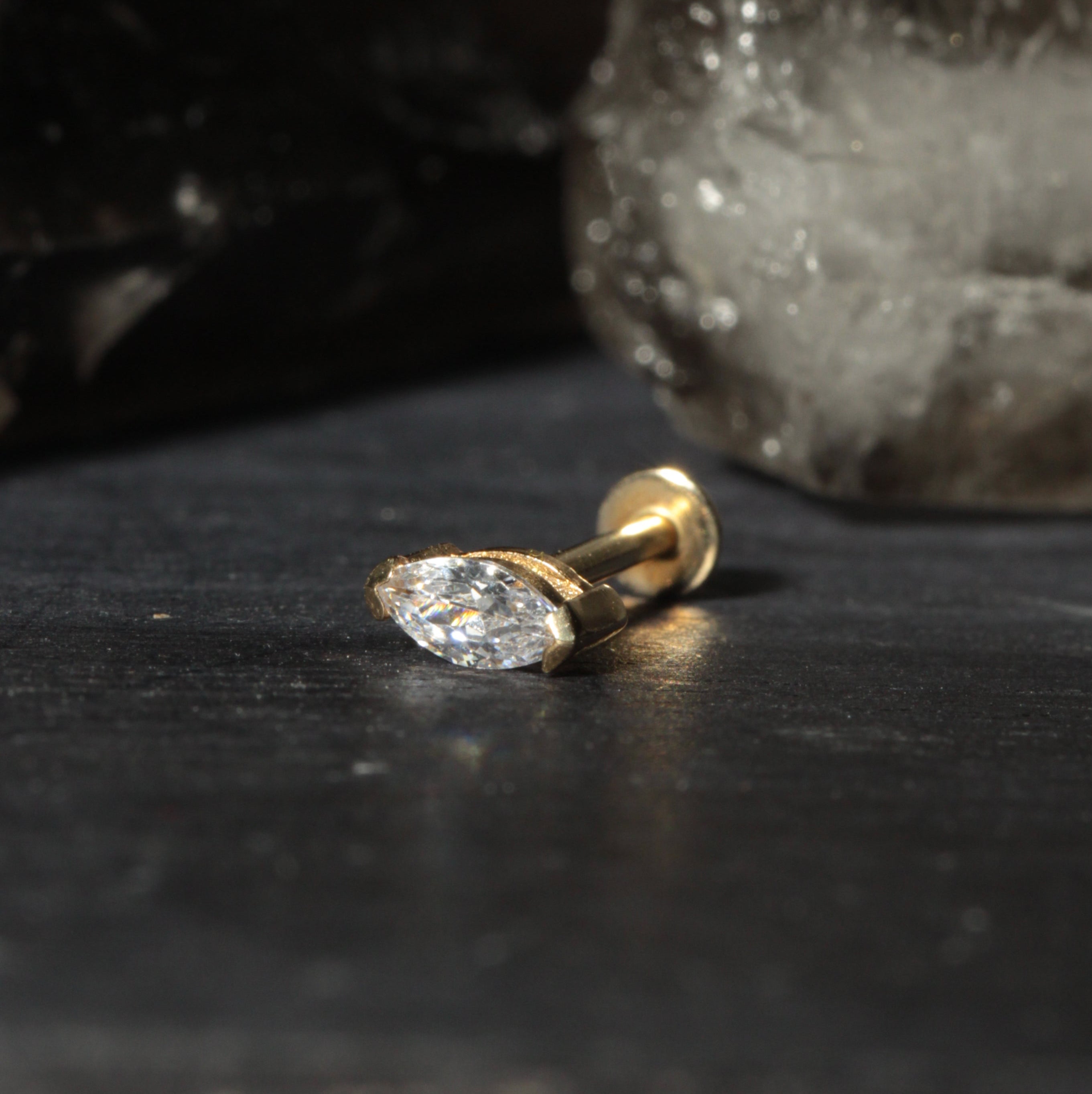 14K Gold Internal Threaded Marquise CZ Flatback Stud