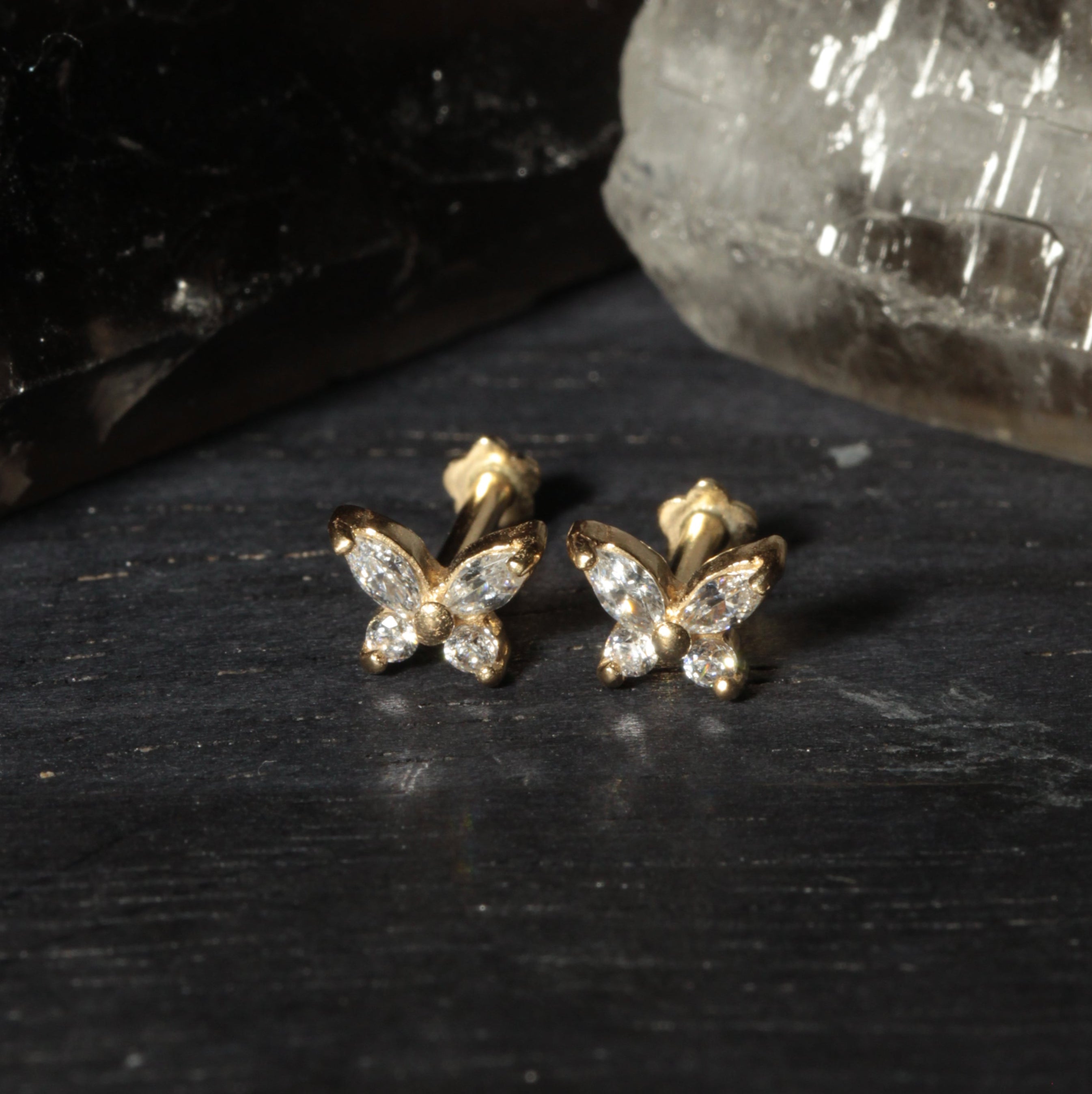 14K Gold CZ Jewelled Butterfly Design Internal Thread Labret with Flowerback Stud