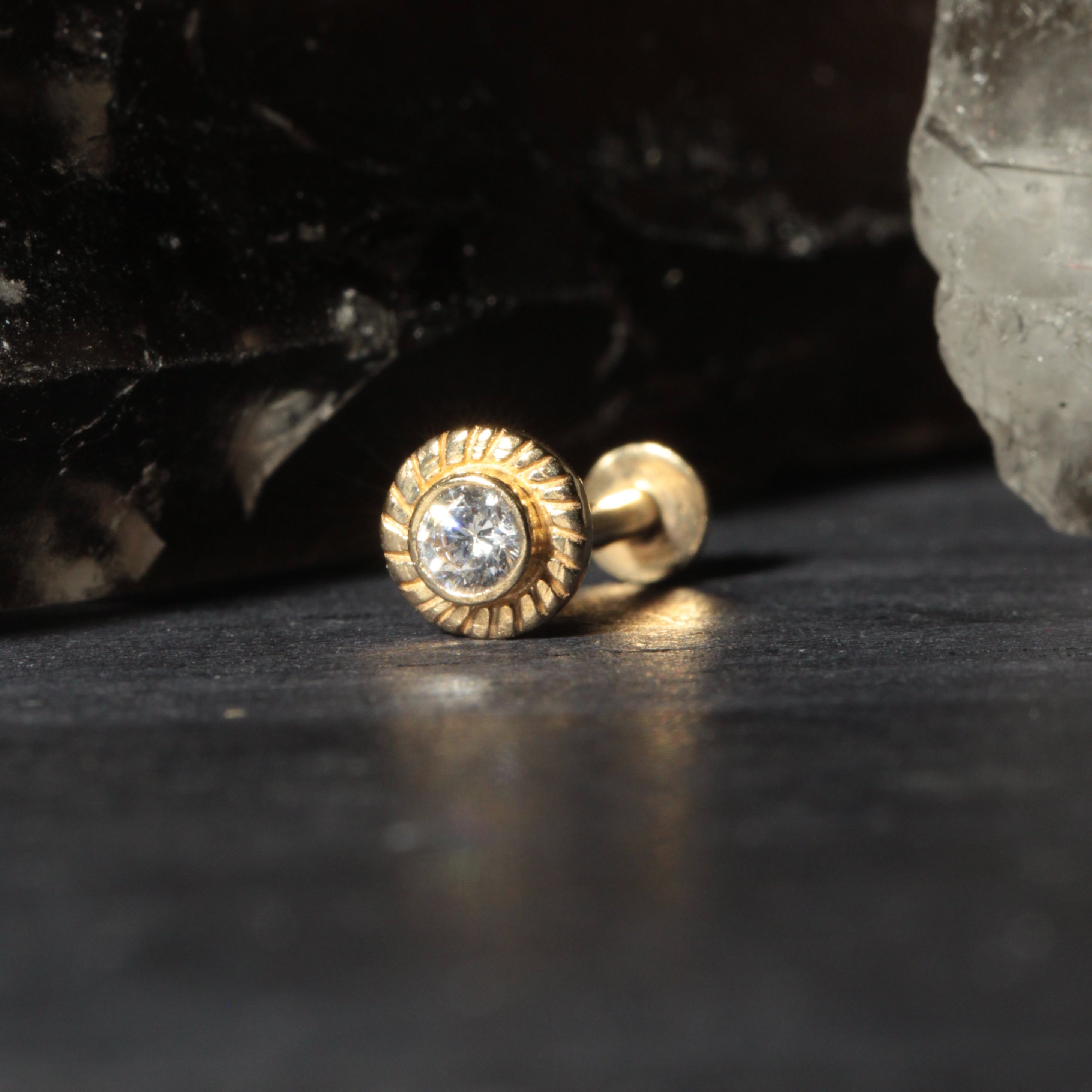 14K Gold Internally Threaded Round CZ Jewelled Screw Fit Stud