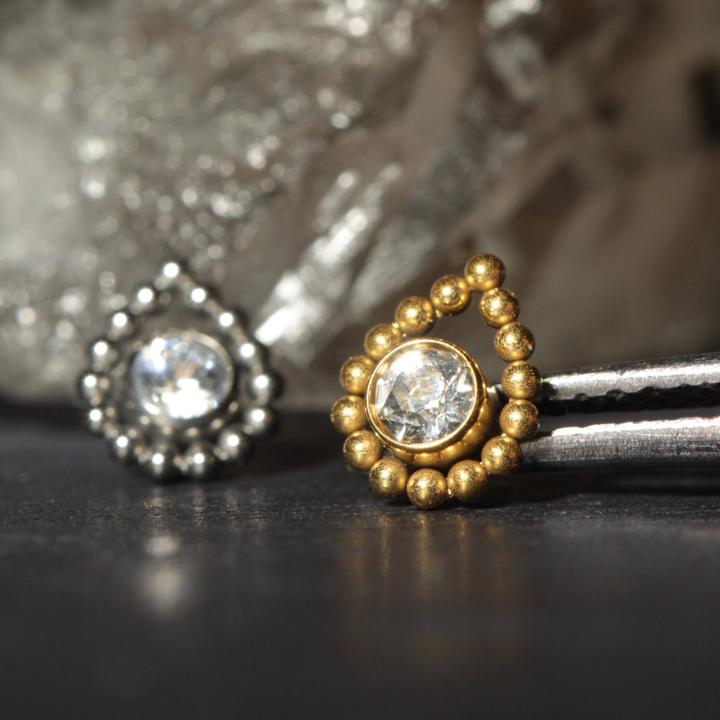 G23 Titanium Bezel Set CZ with Tear Shaped Internally Threaded Flatback Stud