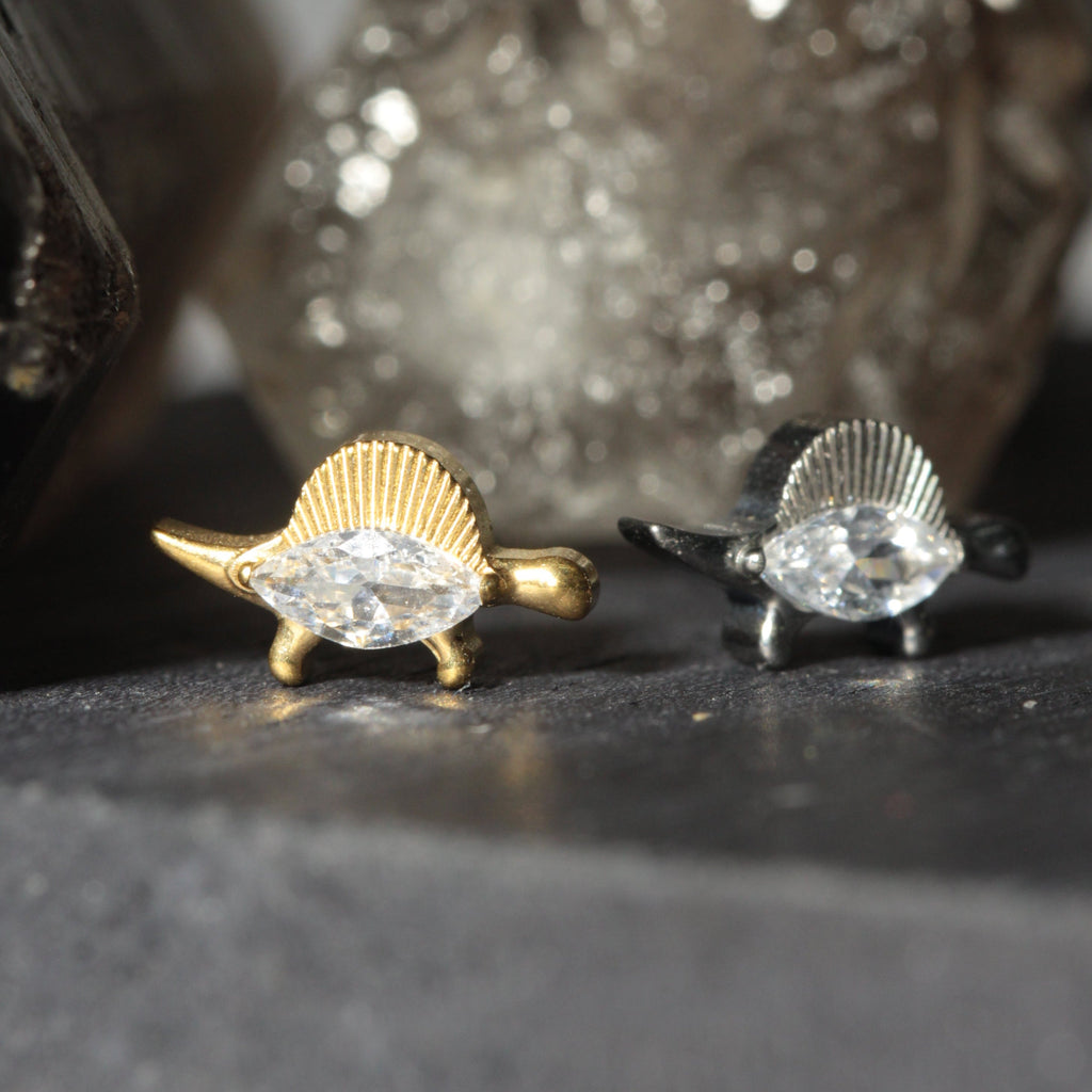 G23 Titanium Marquise CZ Jewelled Stegosaurus Internally Threaded Flatback Stud