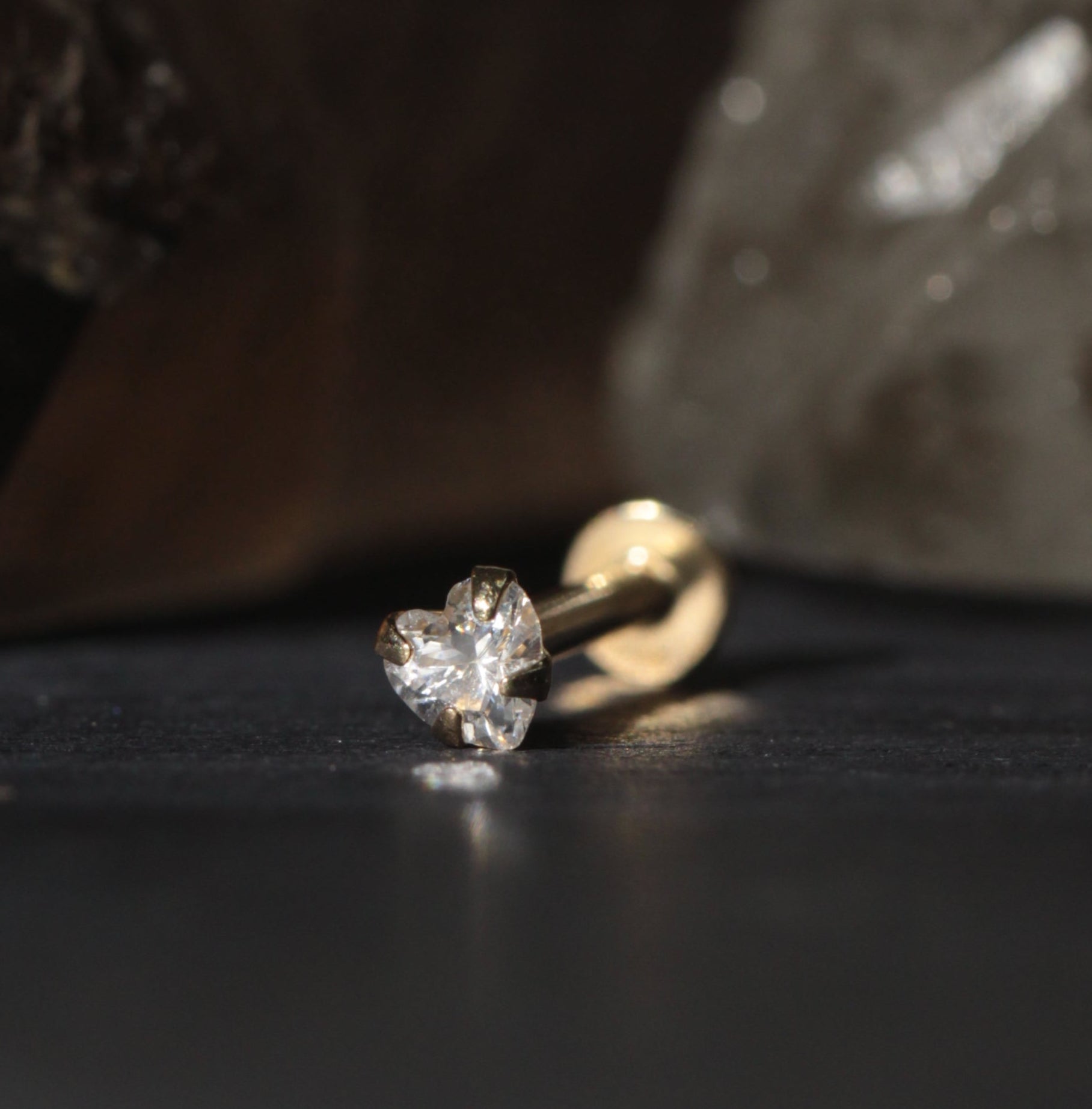 14K Gold Internal Heart Cubic Zirconia Stone Jewelled Push Fit Top