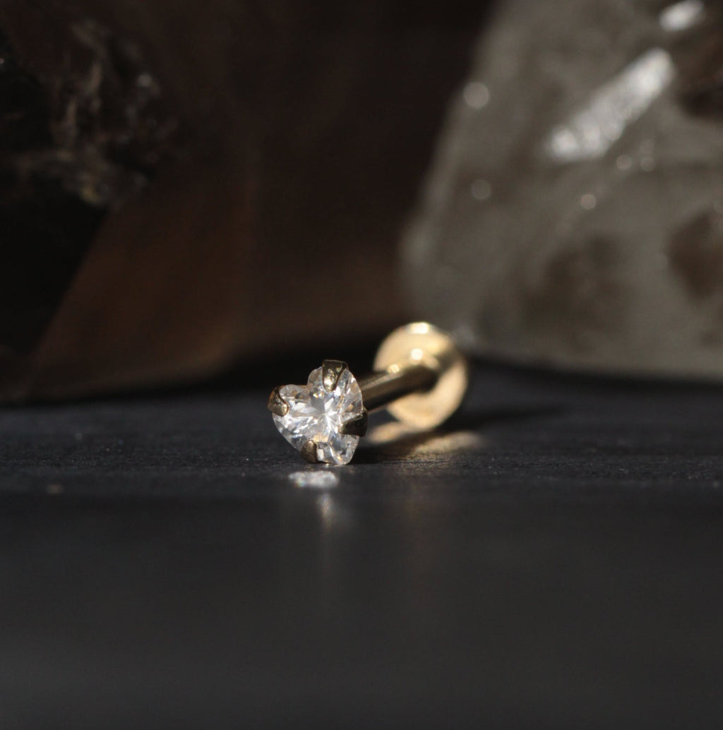 9K Gold Heart Cubic Zirconia Stone Top Threadless Labret Pair