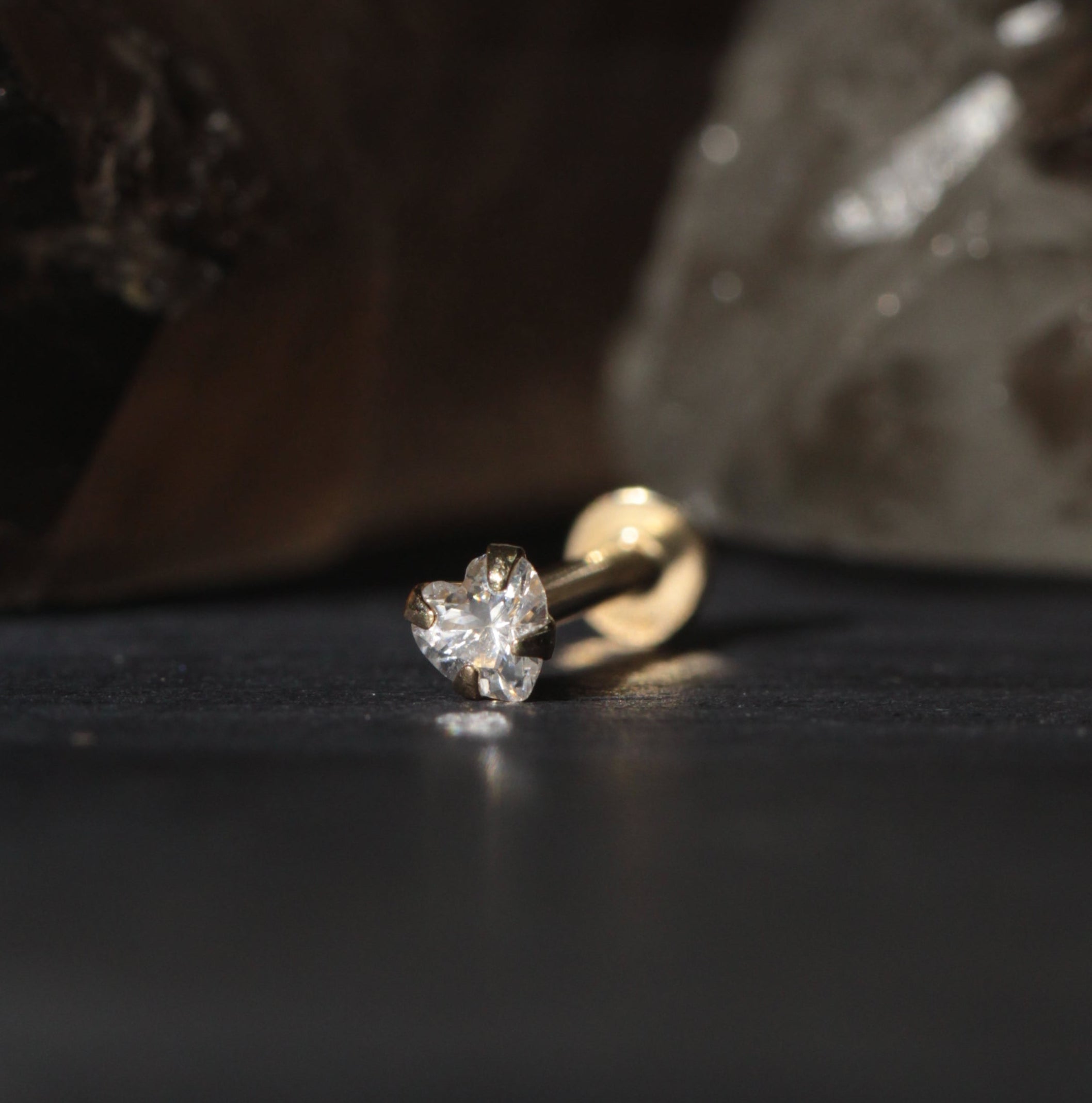 9K Gold Heart Cubic Zirconia Stone Top Threadless Labret Pair