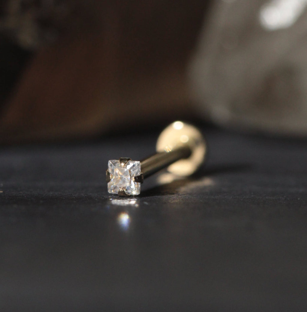 14K Gold Internal Lip Labret with Square Cubic Zirconia Stone Jewelled Push Fit Top