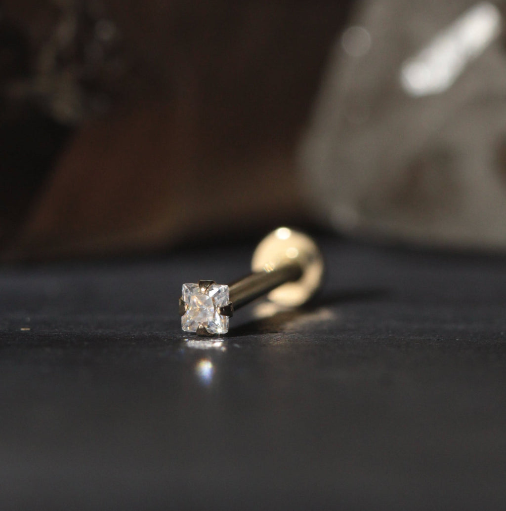 9K Gold Square Cubic Zirconia Jewelled Threadless Flatback Pair