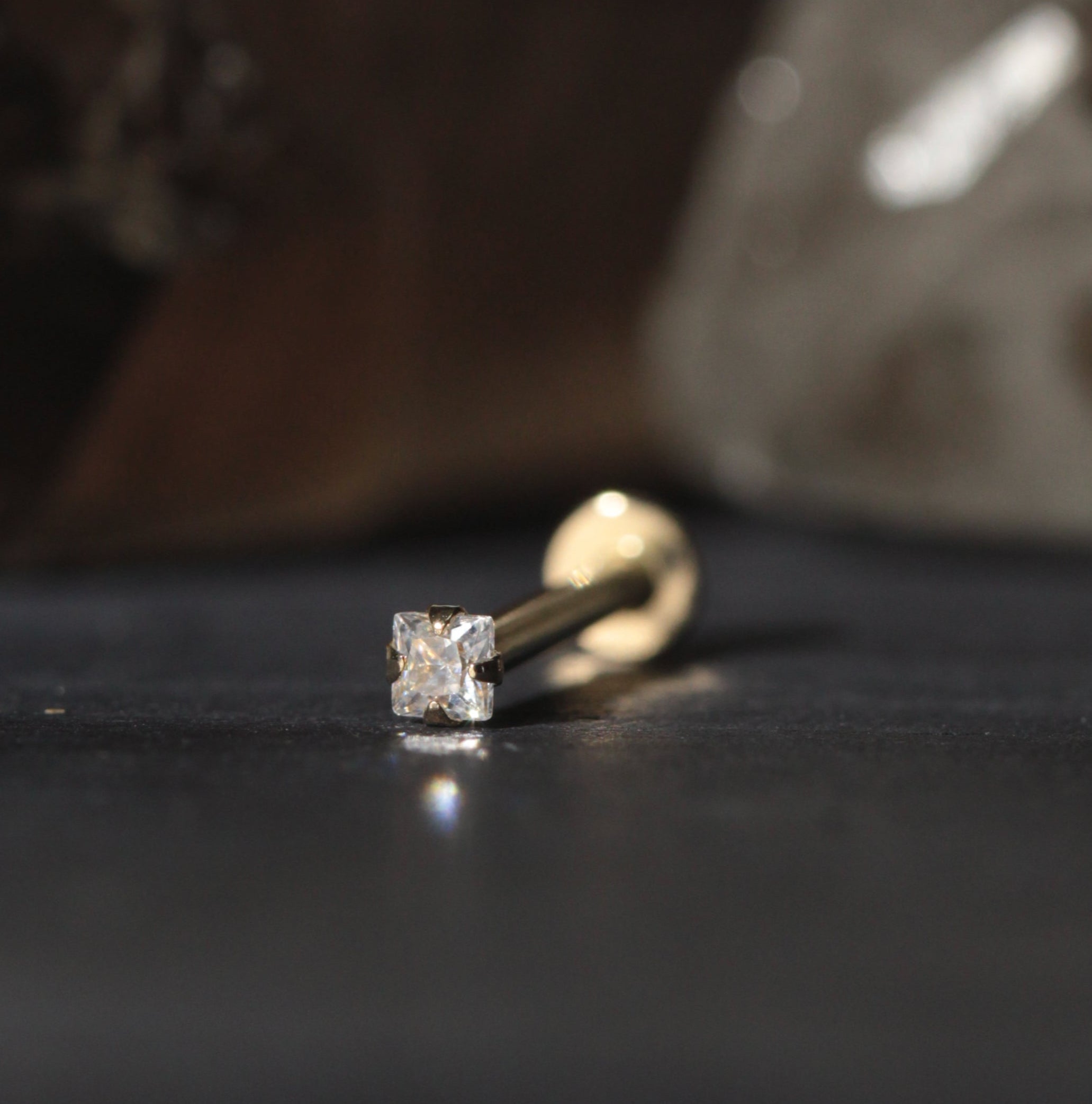 9K Gold Square Cubic Zirconia Jewelled Threadless Flatback Pair