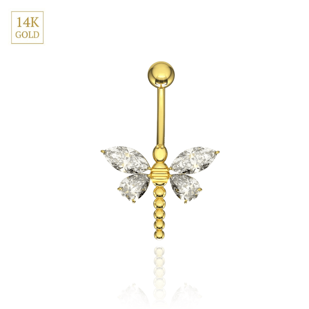 14K Gold Jewelled Dangling Dragonfly Belly Ring