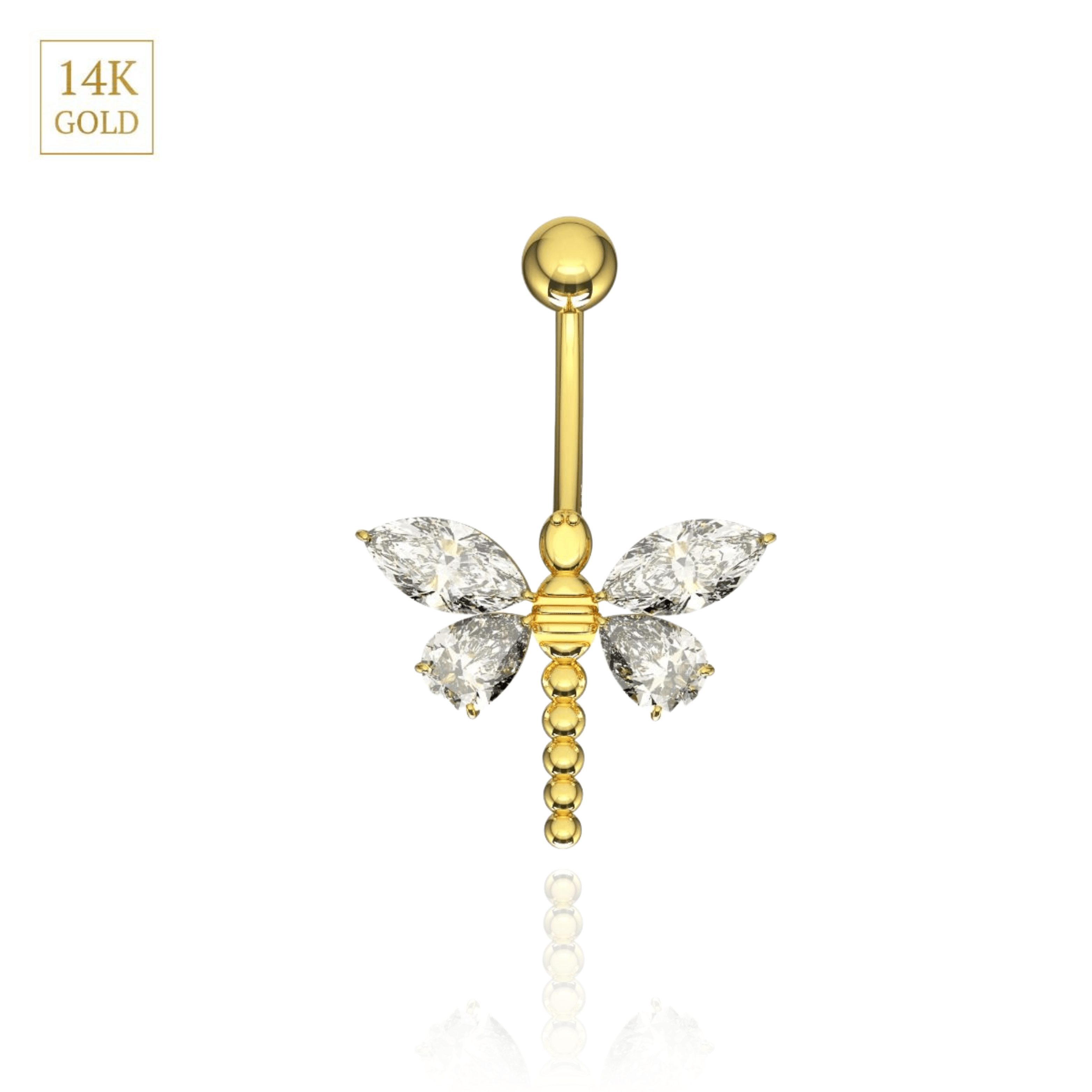 14K Gold Jewelled Dangling Dragonfly Belly Ring