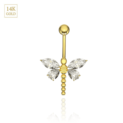 14K Gold Jewelled Dangling Dragonfly Belly Ring