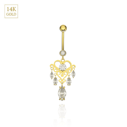 14K Gold Studded Heart Dangling Belly Ring