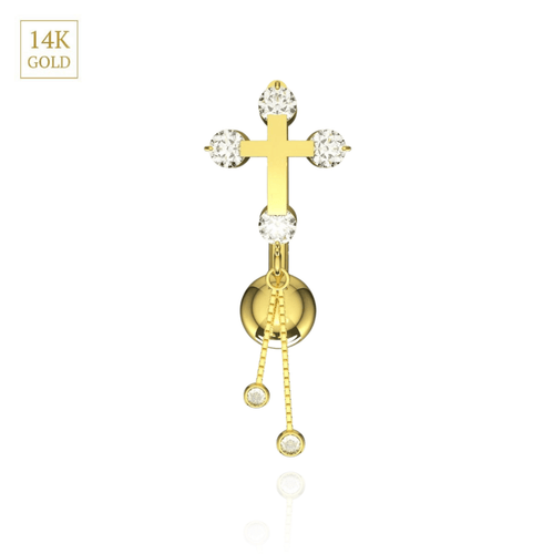 14K Gold Studded Cross Dangler Belly Ring