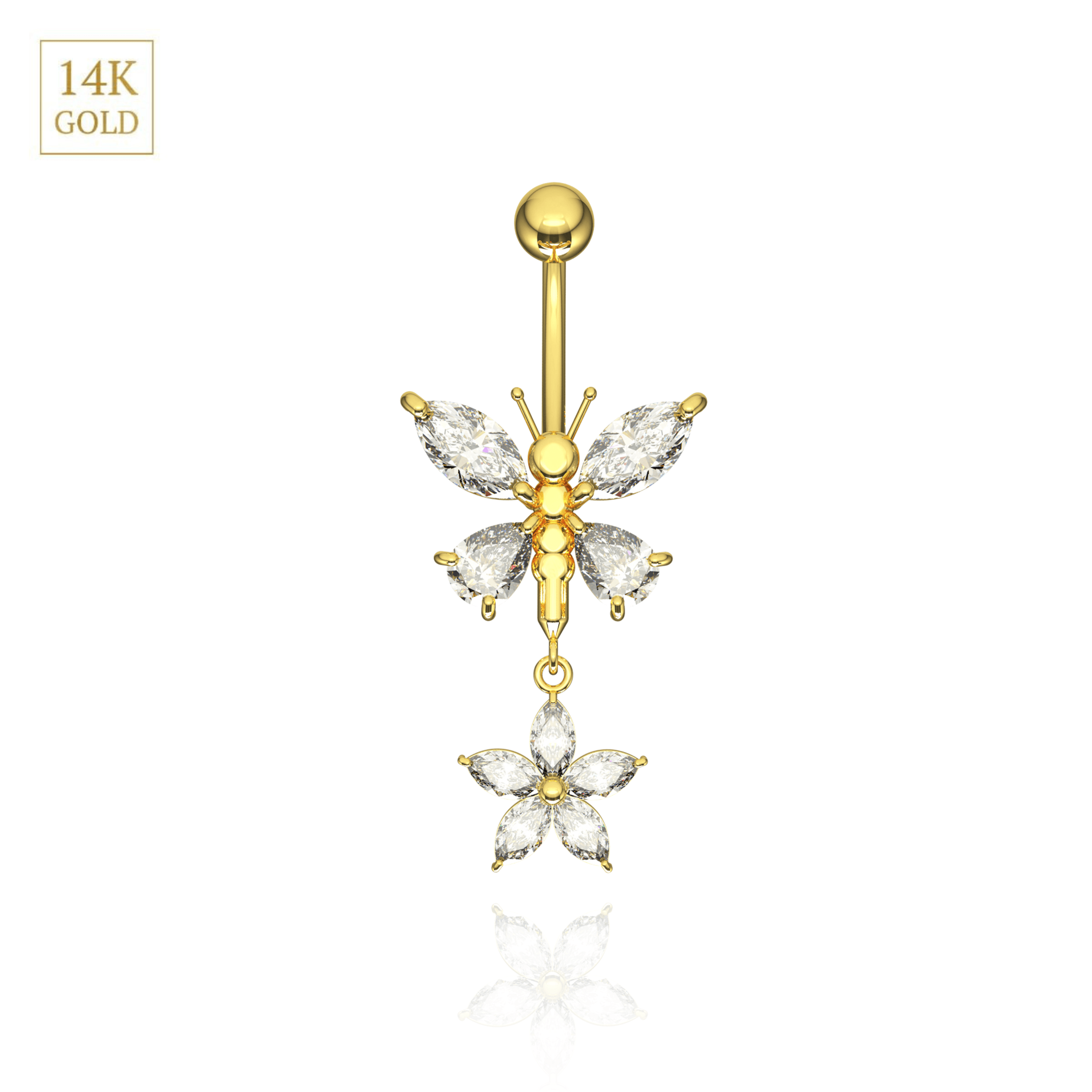 14K Gold Jewelled Dangling Butterfly Belly Ring