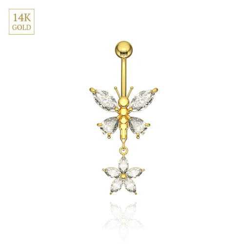 14K Gold Jewelled Dangling Butterfly Belly Ring