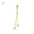 14K Gold Flower and CZ Jewelled Dangling Belly Ring