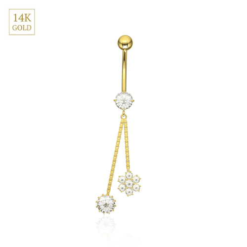 14K Gold Flower and CZ Jewelled Dangling Belly Ring